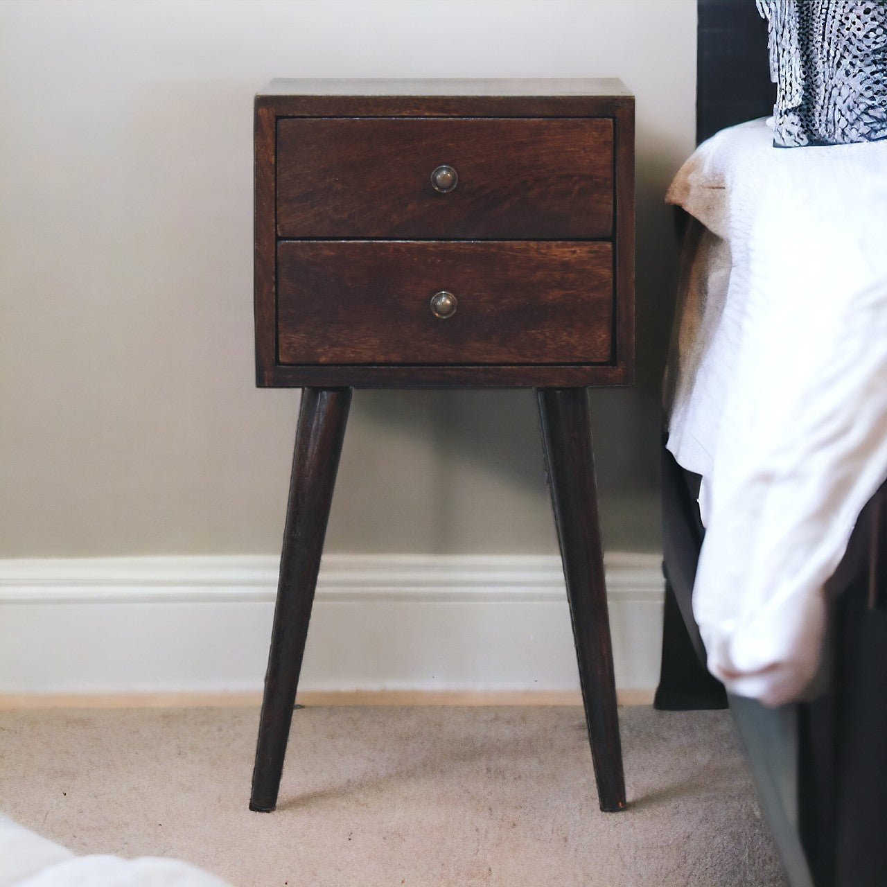 Solid Wood Mini 2-Drawer Light Walnut Nightstand, Nordic Legs, Brown