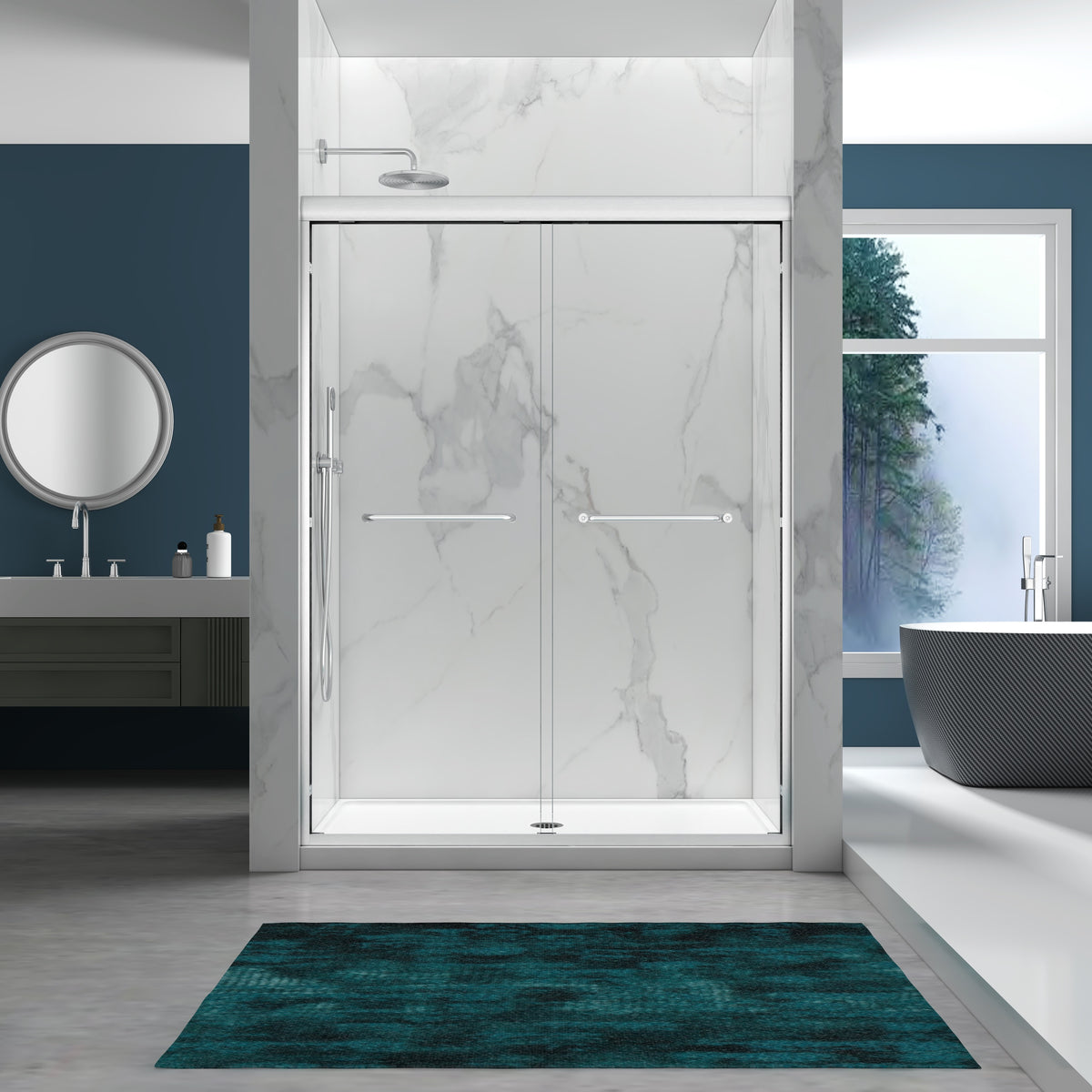 56-60 ' x 72' Tempered Glass with Explosion Proof Film, Aluminum Frame Double Sliding Shower Door, 1/4'(6 mm), Stainless Steel handle,Brushed Nickel