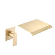 Modern Brushed Gold Wall Mount Bathtub Faucet with Waterfall Spout and Single Handle Control