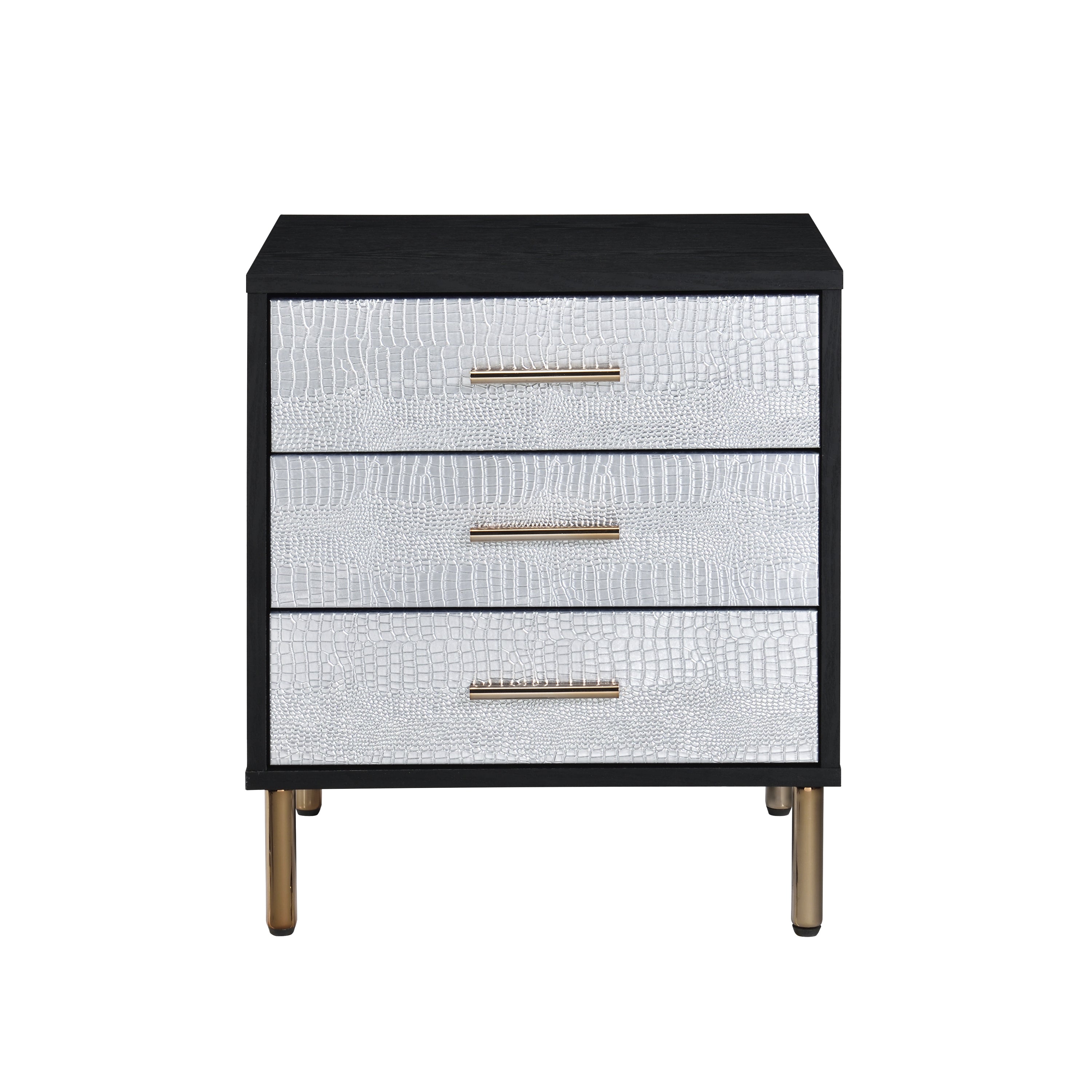 1pc Glamorous Bedroom Furniture 1pc Black Nightstand with 3-Drawers Silver Finish Crocodile Pattern Fronts Gold Finish Legs
