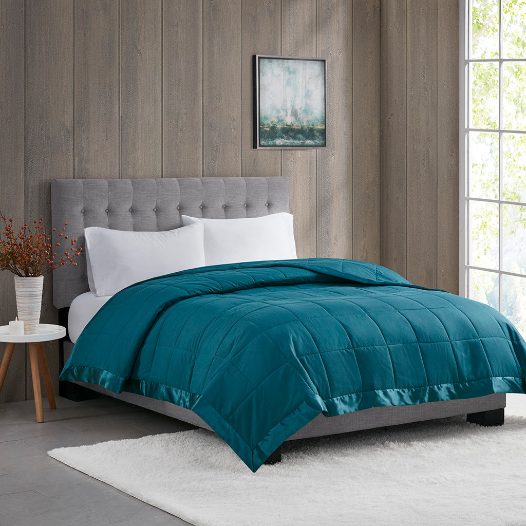 Lightweight Down Alternative Blanket with Satin Trim Teal Full/Queen