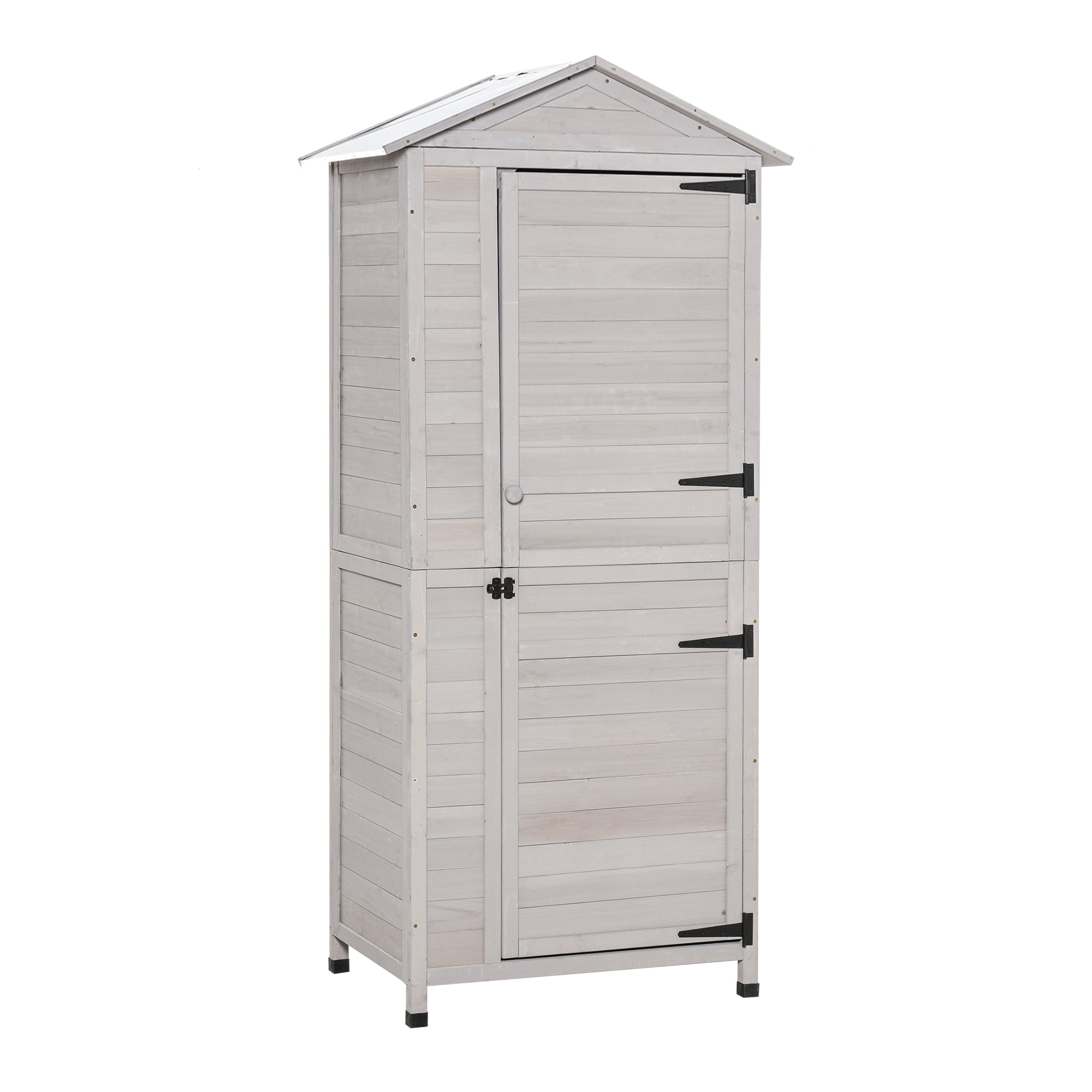Outsunny 36' x 25' x 79' Wooden Storage Shed Cabinet, Outdoor Tool Shed Organizer with 4-Tier, 3 Shelves with Handle Tin Roof Magnetic Latch Foot Pad, Light Grey