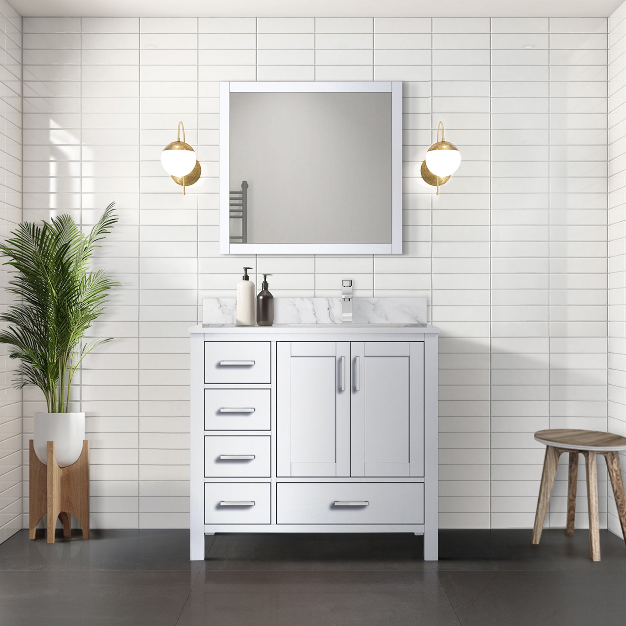 White Bath Vanity 36 in. W x 22 in. D, Right Offset and Carrara Marble Top