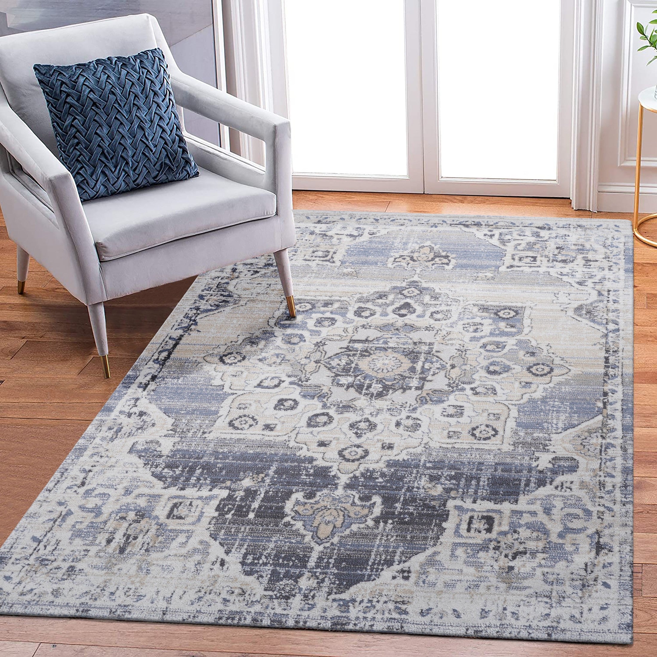 LOOM & LUXE Collection 6X9 Cream/Blue /Medallion Non-Shedding Living Room Bedroom Dining Home Office Stylish and Stain Resistant Area Rug