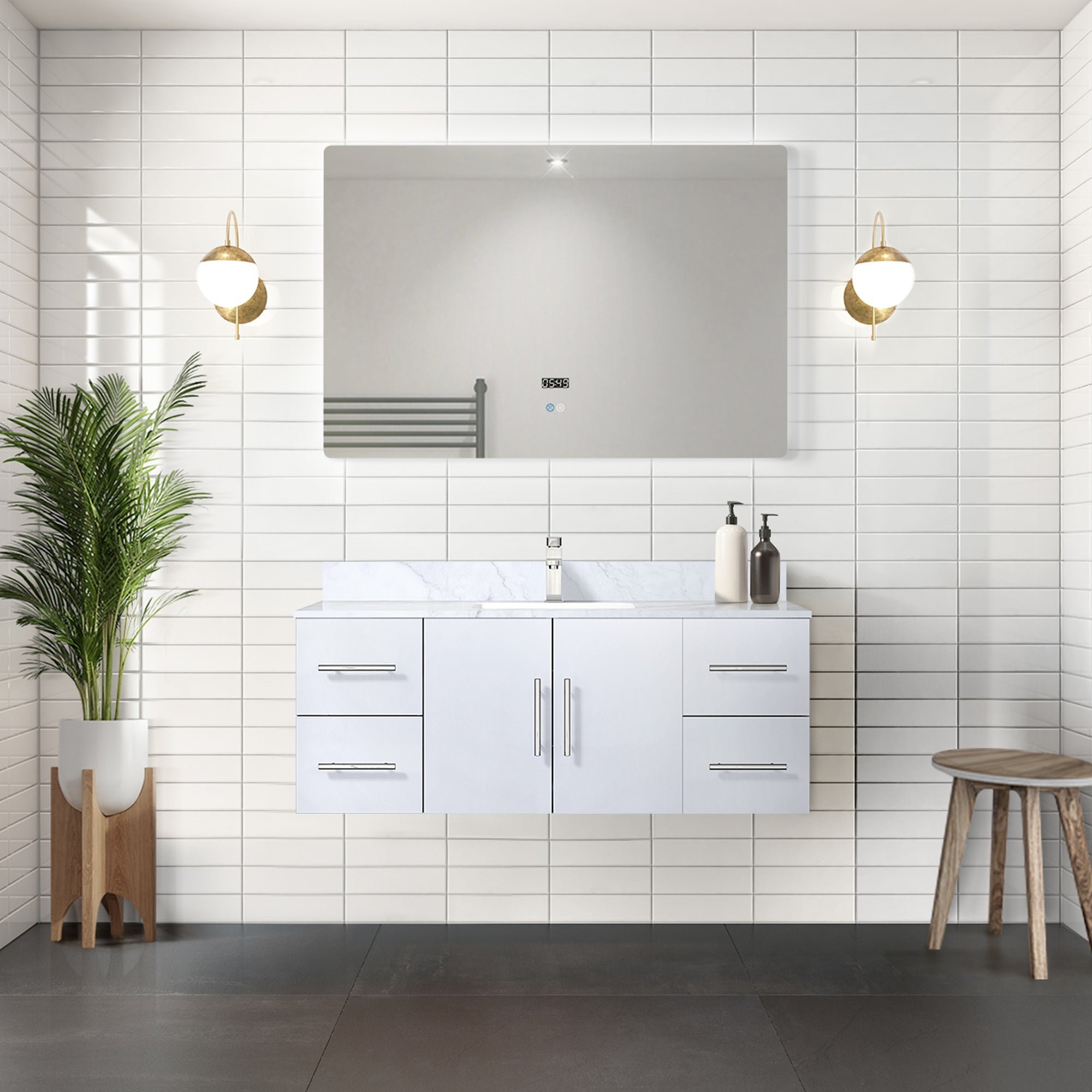 Glossy White Bath Vanity 48 in. W x 22 in. D, Carrara Marble Top, and Faucet Set