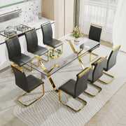 1 table and 8 chairs. Modern simple luxury tempered glass rectangular dining table and desk with 8 black PU gold plated leg chairs 79''x39''x30''