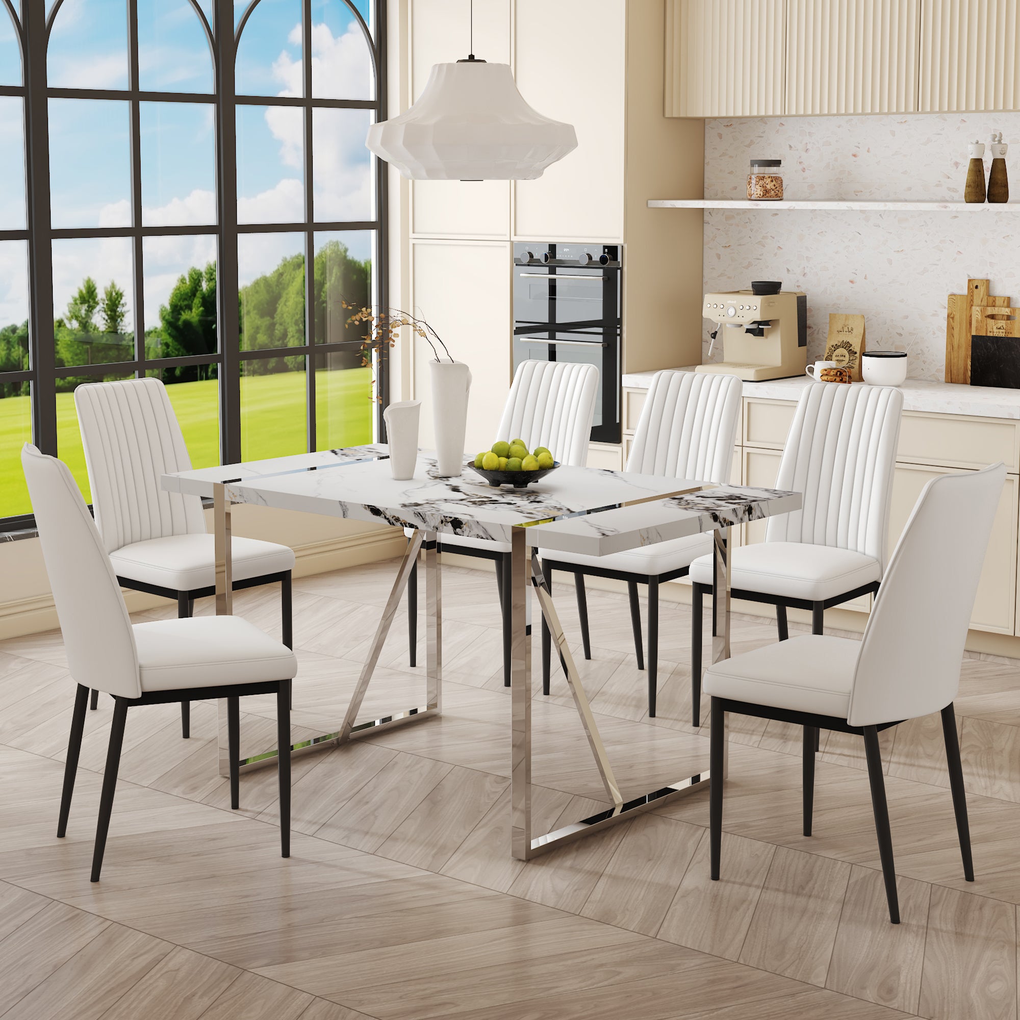 7 Piece Dining Table Set, 55-inch Faux Marble Dining Table and 6 PU Leather Chairs, Space Saving Dining Table Set for Kitchen, Dining Room (White Table + White Chairs)