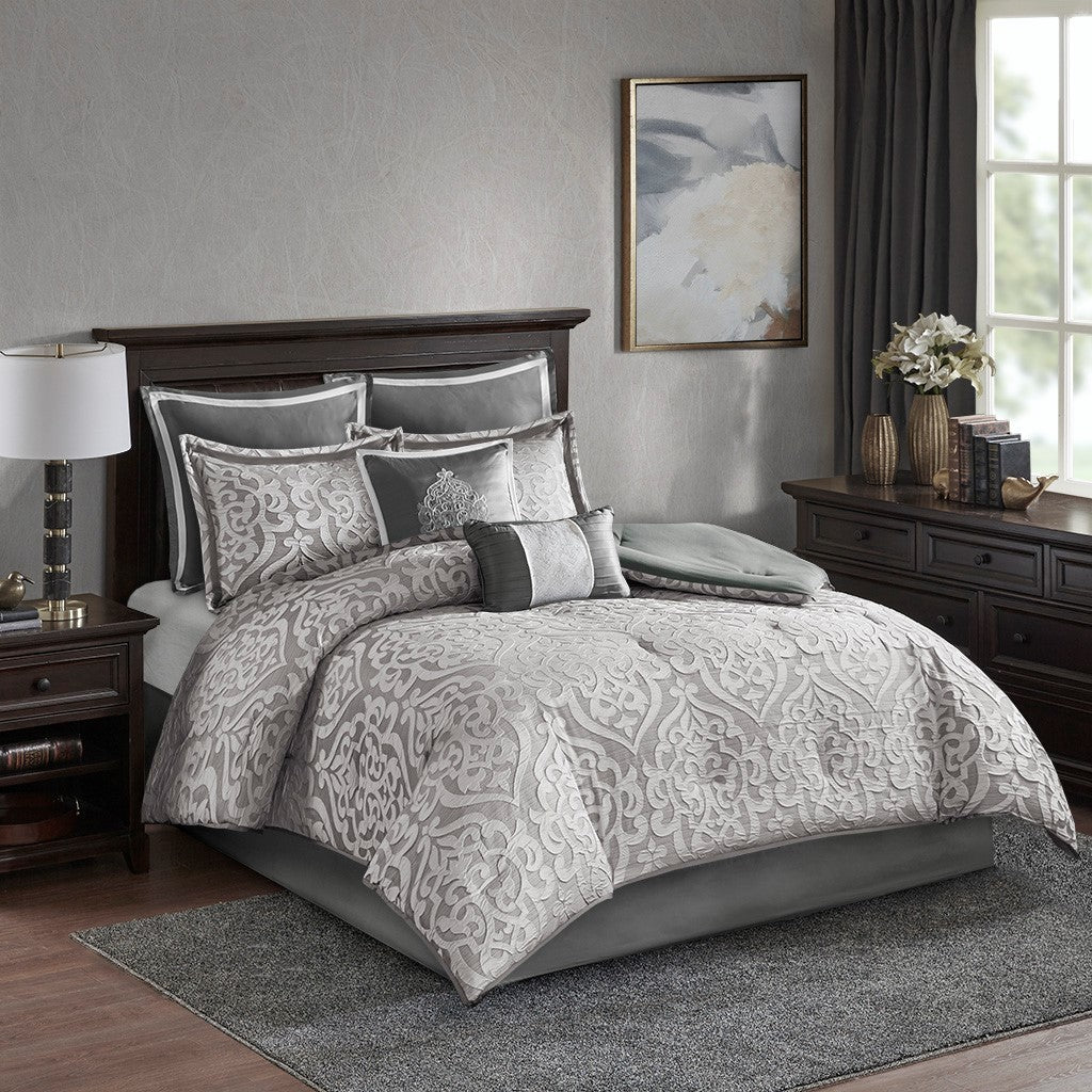 8 Piece Jacquard Comforter Set Silver/Silver Queen