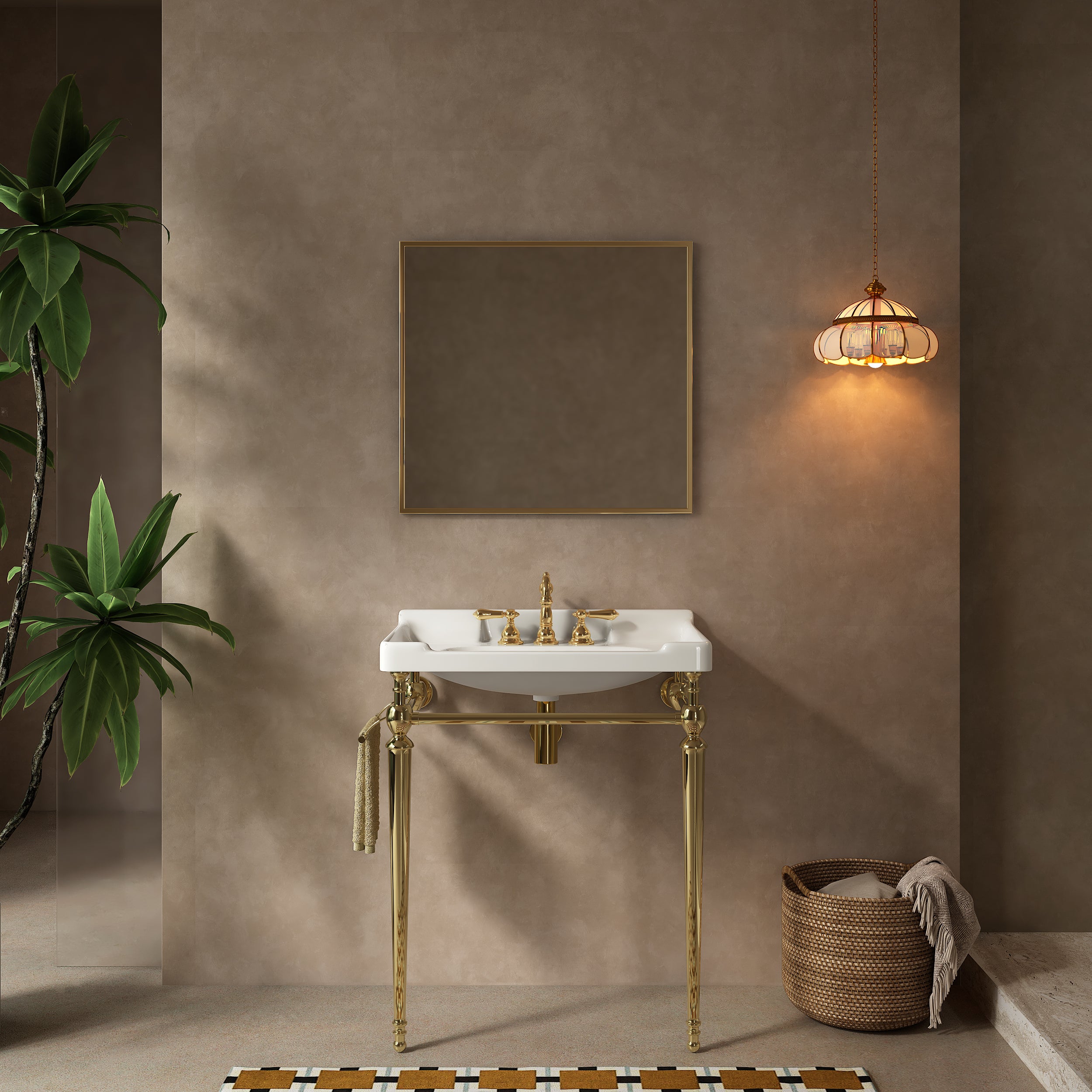 VICI 28' Bathroom Console Sink, Wall-Mounted White Ceramic Vanity Basin with 3 Pre-drilled Faucet Holes, Freestanding Stainless Steel Support Legs with Towel Bar, No Faucet, Gold Color