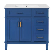 Modern Blue Bathroom Vanity with Ceramic Sink, Soft-Close Doors, Solid Wood and MDF Construction, 36 Inches