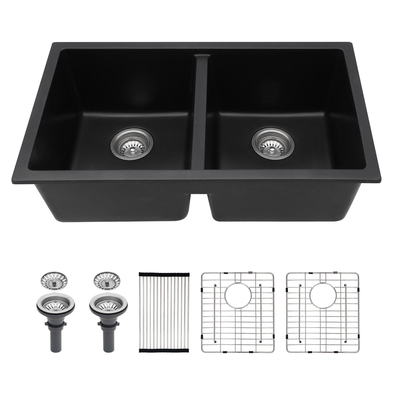 Quartz Kitchen Sink - 33' x 19' Black Granite Composite Double Bowl Undermount Sink