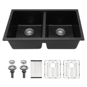 Quartz Kitchen Sink - 33' x 19' Black Granite Composite Double Bowl Undermount Sink