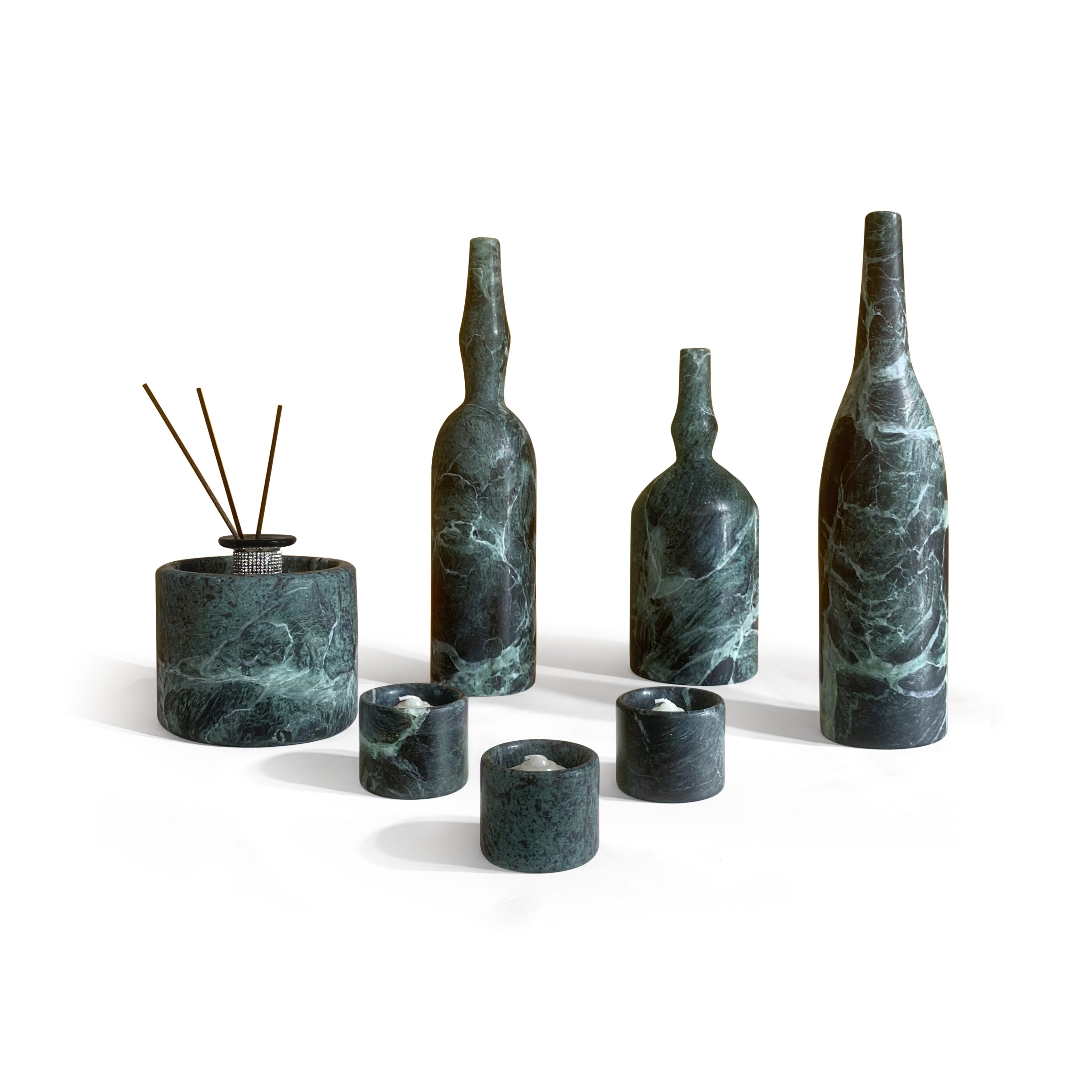 Diamond Green Natural Marble Living Room Accessories Set, Luxury 7 Pcs Genuine Marble, Real Marble