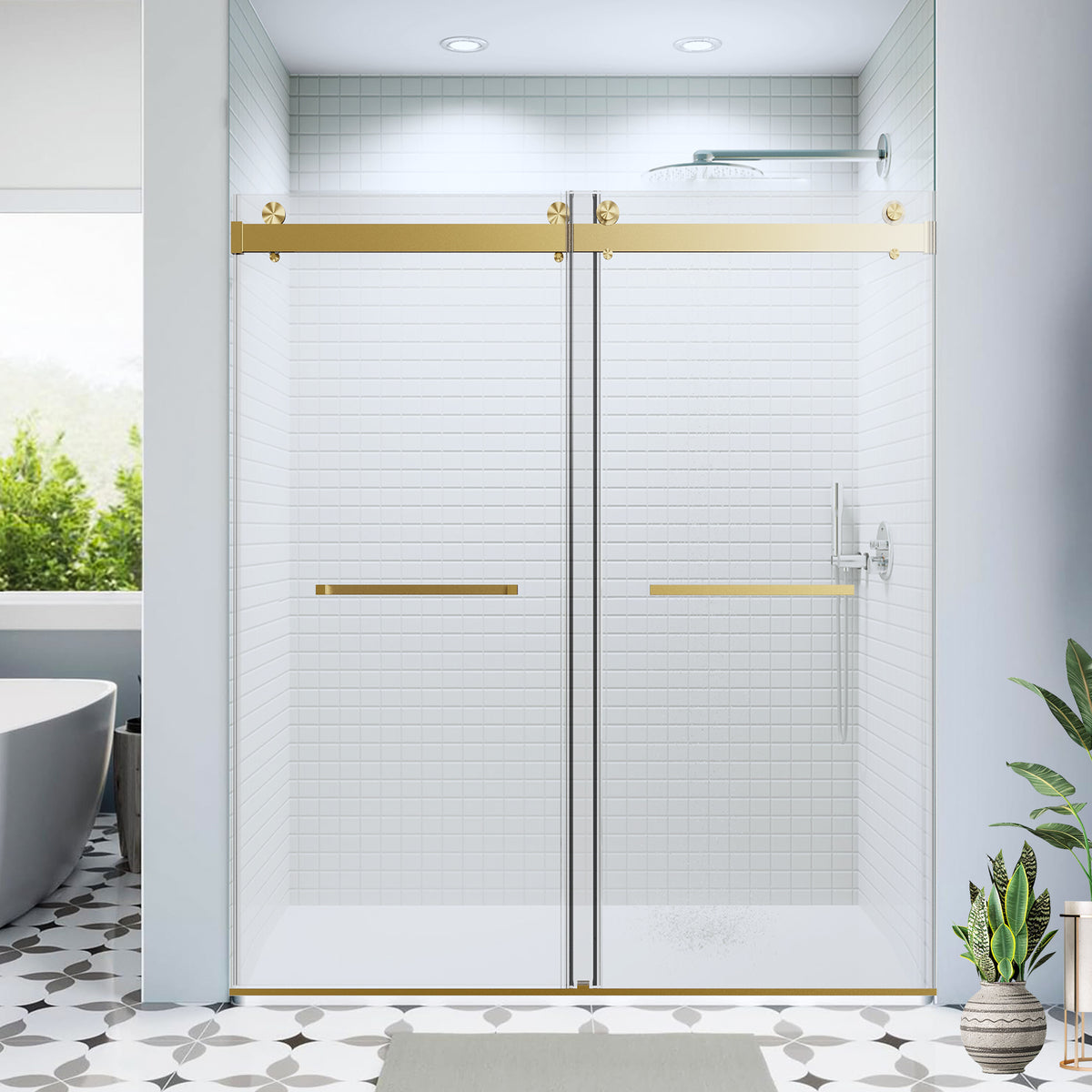 56-60*76 INCH Double Sliding Frameless Soft-Close Shower Door with Premium  (8mm)Thick Tampered Glass and Easy-Cleaning Coating In Brushed Gold