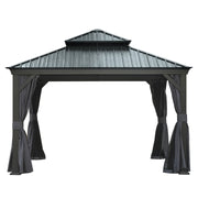 12' X 12' Hardtop Gazebo, Upgraded Metal Gazebo with Drainage System, Dual-Layer Galvanized Steel Roof, Curtain and Netting, Outdoor Shelter Canopy for Patio, Garden, and Backyard, Grey