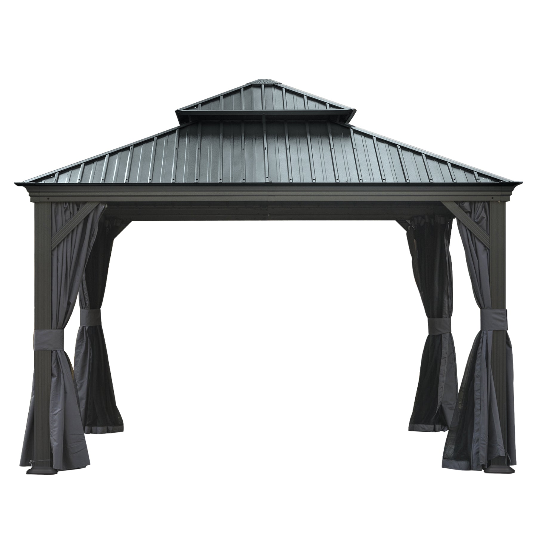 12' X 12' Hardtop Gazebo, Upgraded Metal Gazebo with Drainage System, Dual-Layer Galvanized Steel Roof, Curtain and Netting, Outdoor Shelter Canopy for Patio, Garden, and Backyard, Grey