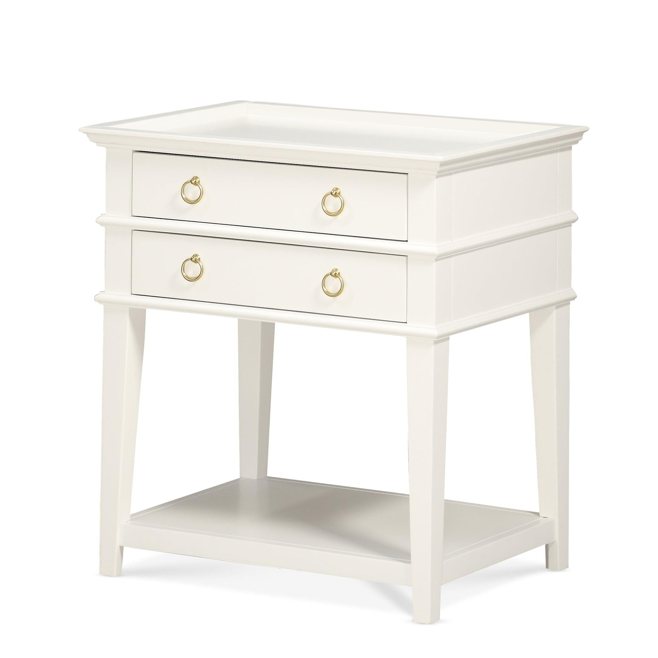 Carmona White 2-Drawer Tray Top Nightstand with Brushed Gold Ring Pulls