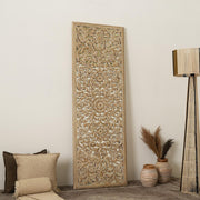 Wooden Floral Hand Carved Mandala Rectangle Wall Decor with Mirror Work - Antique Brown & White - 24x71 Inches