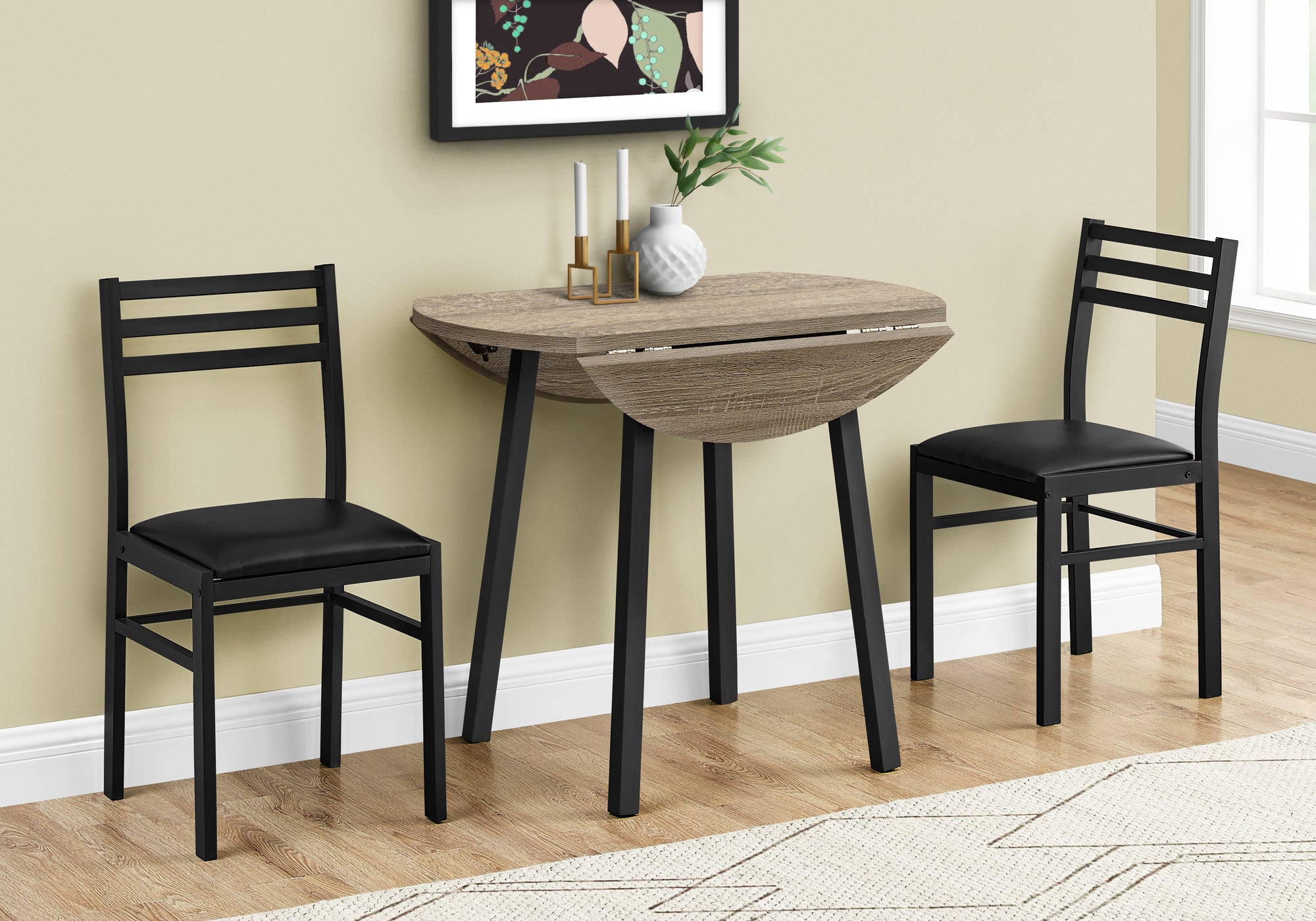 Dining Table Set, 3pcs Set, Small, 35' Drop Leaf, Kitchen, Black Metal, Brown Laminate, Contemporary, Modern