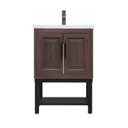 Modern Freestanding 24-Inch Walnut Bathroom Vanity with White Ceramic Sink, Hot and Cold Faucet, 2-Door Cabinet & Open Iron Shelf, Magnesium Oxide and Iron Frame
