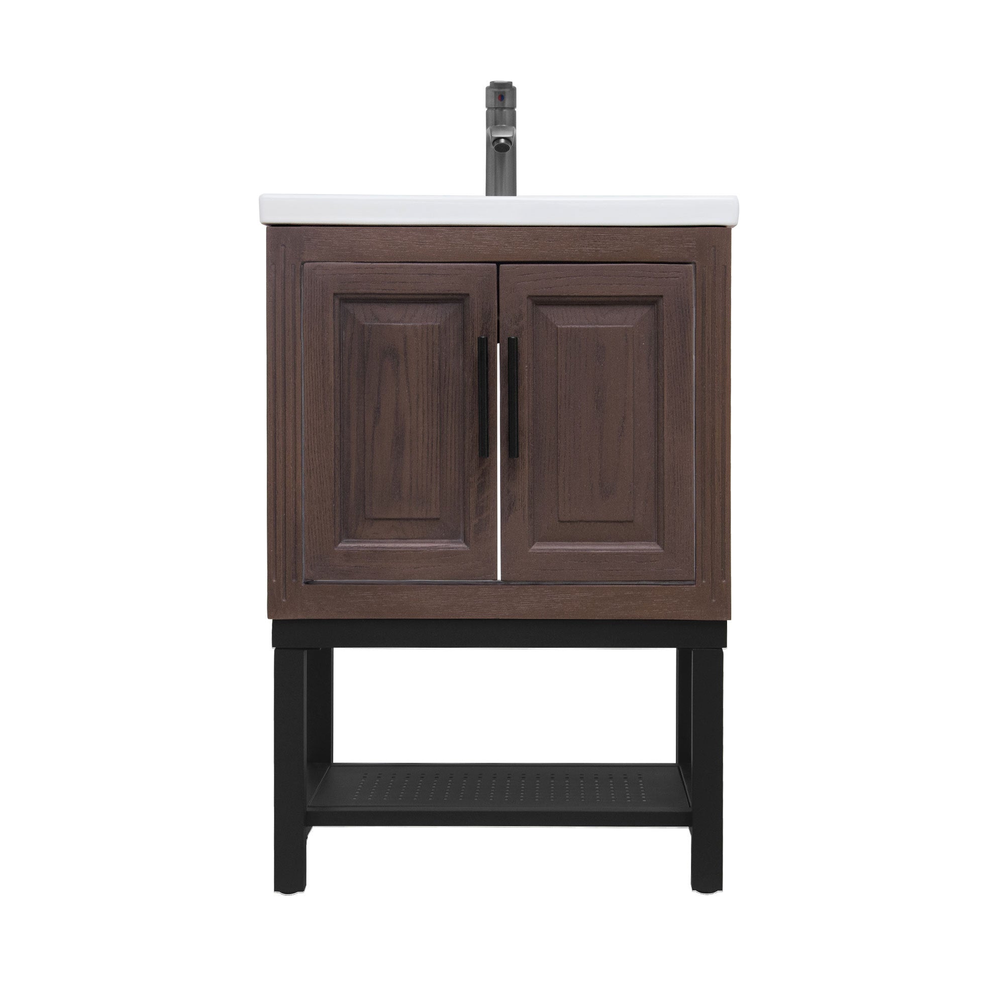 Modern Freestanding 24-Inch Walnut Bathroom Vanity with White Ceramic Sink, Hot and Cold Faucet, 2-Door Cabinet & Open Iron Shelf, Magnesium Oxide and Iron Frame