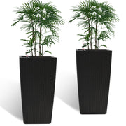 Elegant Square Planter with Automatic Watering System, 22-Inch High Faux Rattan Design, Black, Polypropylene, Pack of 2