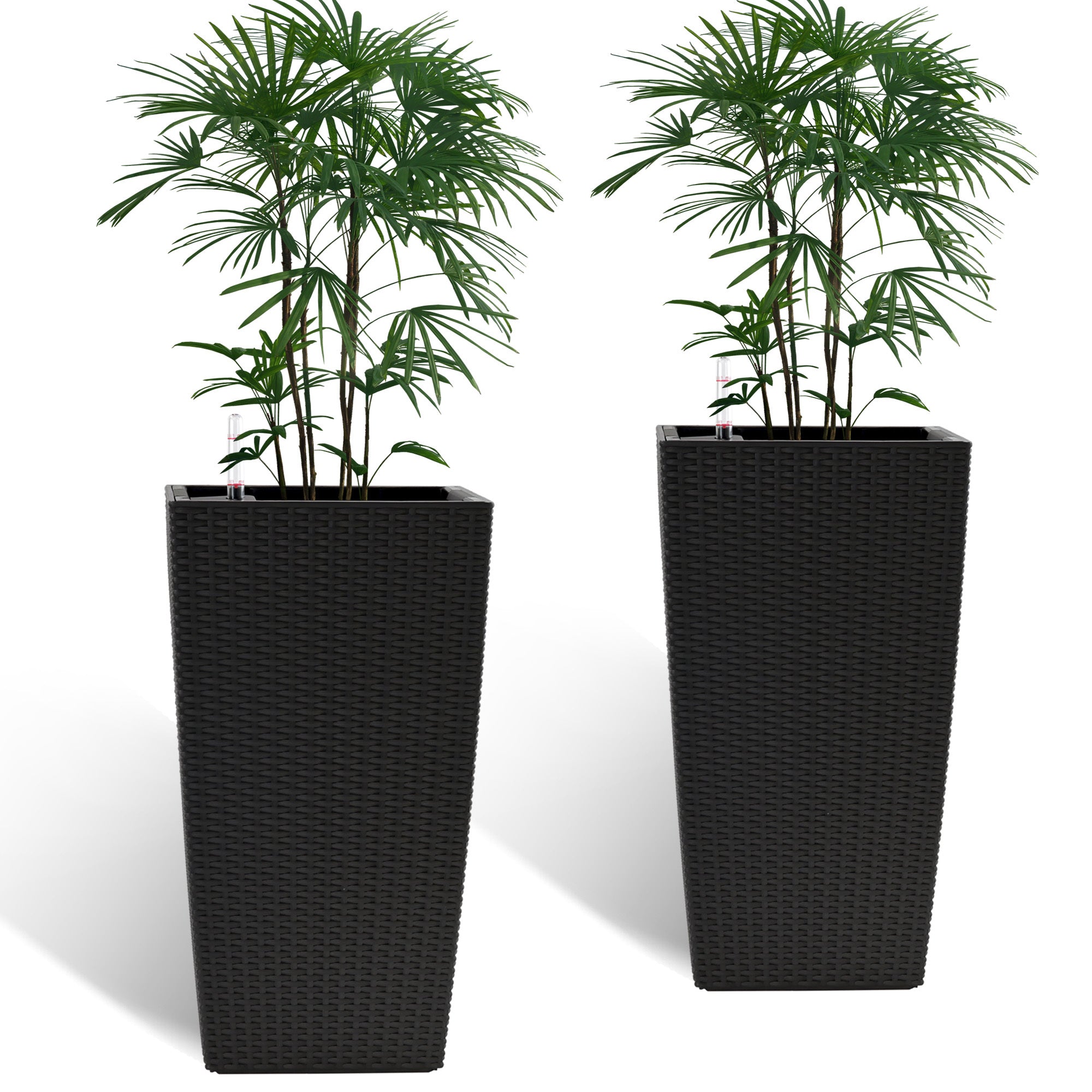Elegant Square Planter with Automatic Watering System, 22-Inch High Faux Rattan Design, Black, Polypropylene, Pack of 2