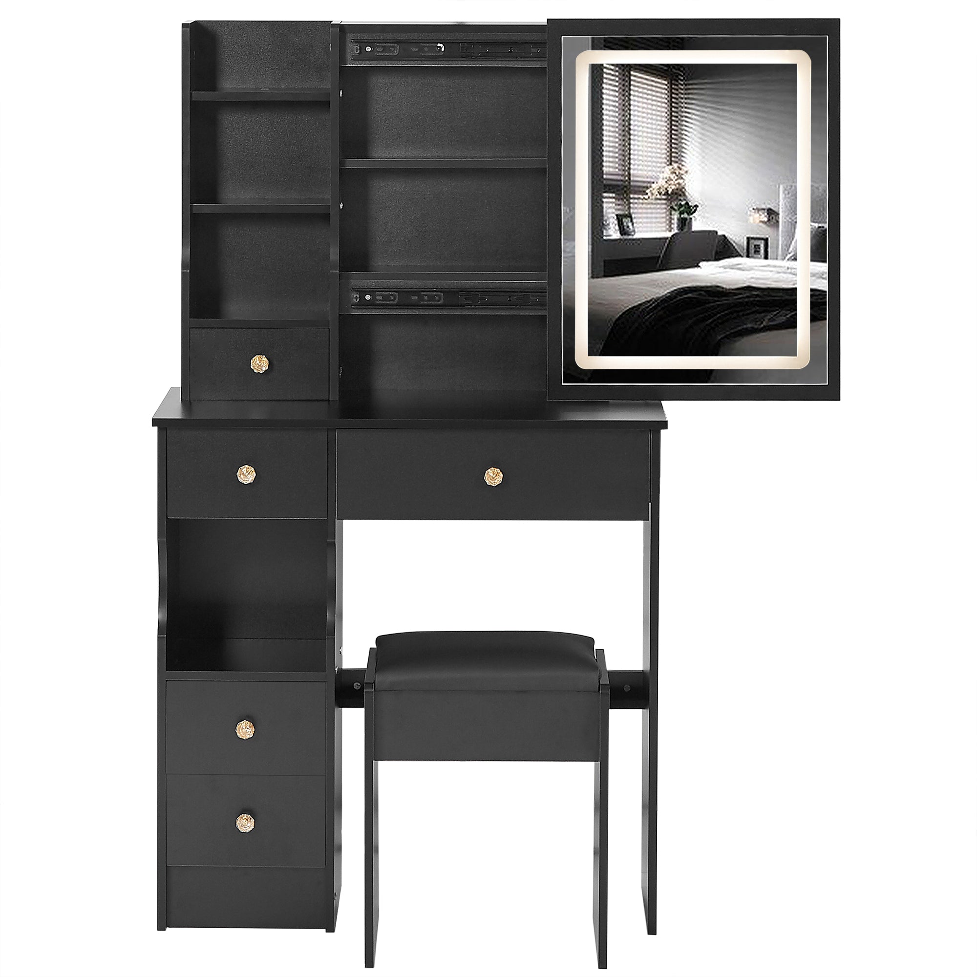 29.2' Small Size Left Drawer Desktop Vanity Table + Cushioned Stool, Large Sliding, Touch Control, Tri-color Switching, Brightness Adjust LED Mirror, High Capacity Storage, Suitable for Small Space