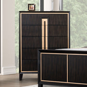 Contemporary Style 5-English Dovetail Drawer Chest 1pc Gold Accent Finish Felt Lined Top Drawer Espresso Finish Bedroom Furniture