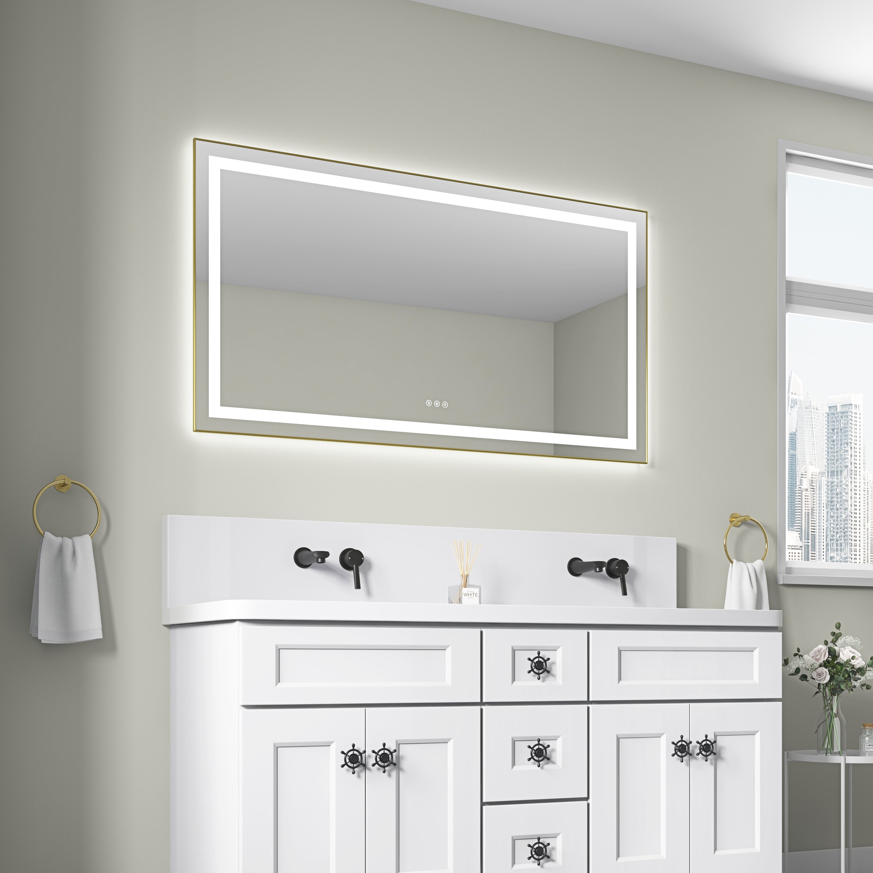 55 x 30 Inch LED Bathroom Mirror with Front and Backlight, Wall Mounted Vanity Mirror with Aluminum Frame, Anti-Fog, Memory, 3 Colors, Stepless Dimmable