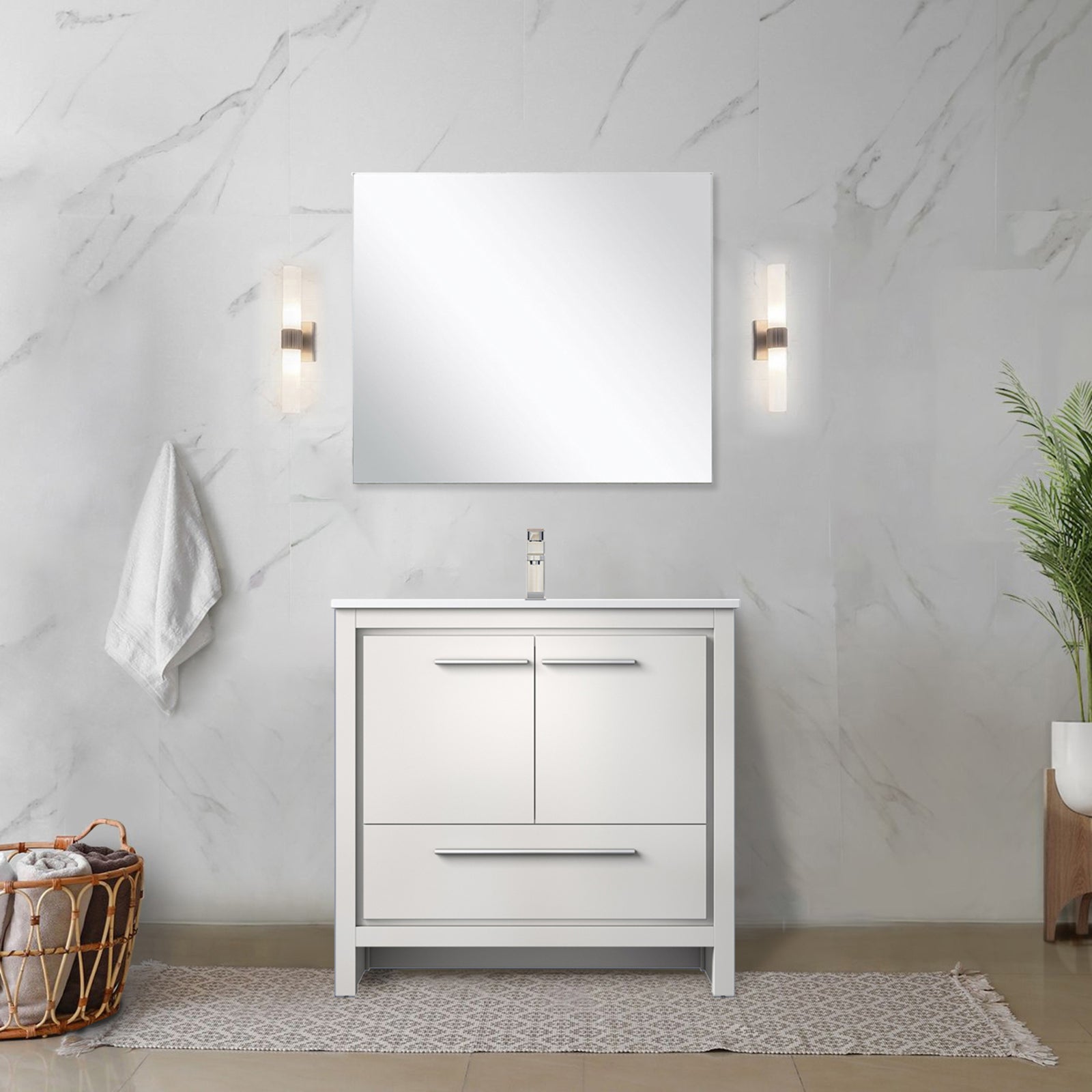 White Bath Vanity 36 in. W x 20 in. D, Cultured Marble Top and Brushed Nickel Faucet Set