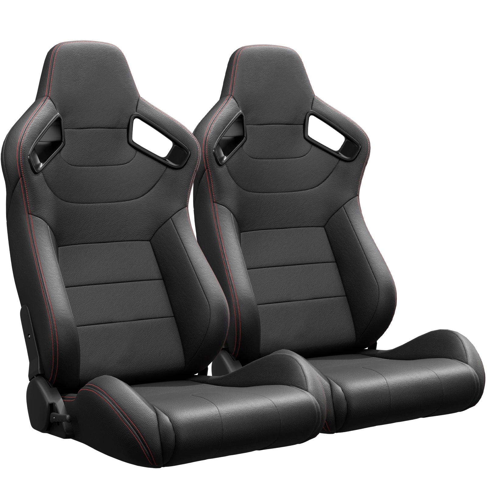 2PC New Universal Bucket Racing Seats Red Stitch Black PVC Leather Reclinable Carbon Look Leather Back With Adjustor Slider(Not Including Seat Bracket ) 1 box of 2 pieces
