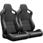 2PC New Universal Bucket Racing Seats Red Stitch Black PVC Leather Reclinable Carbon Look Leather Back With Adjustor Slider(Not Including Seat Bracket ) 1 box of 2 pieces