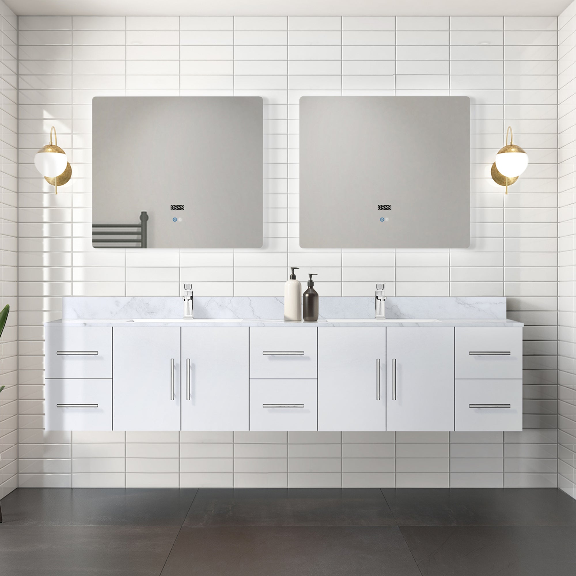 Glossy White Double Bath Vanity 84 in. W x 22 in. D, Carrara Marble Top, and Faucet Set