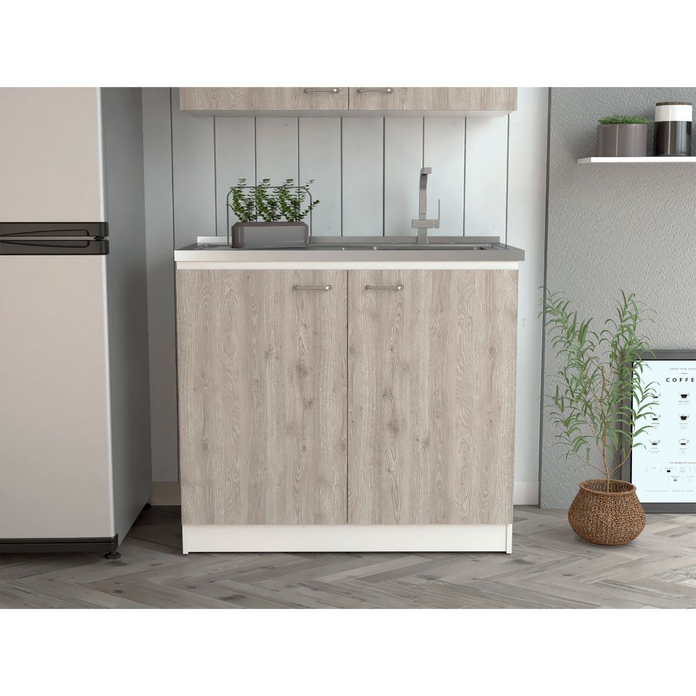 Freestanding Sink, Double Door Cabinet, Two Shelves, White / Light Gray