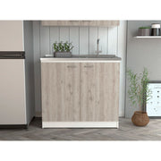 Freestanding Sink, Double Door Cabinet, Two Shelves, White / Light Gray