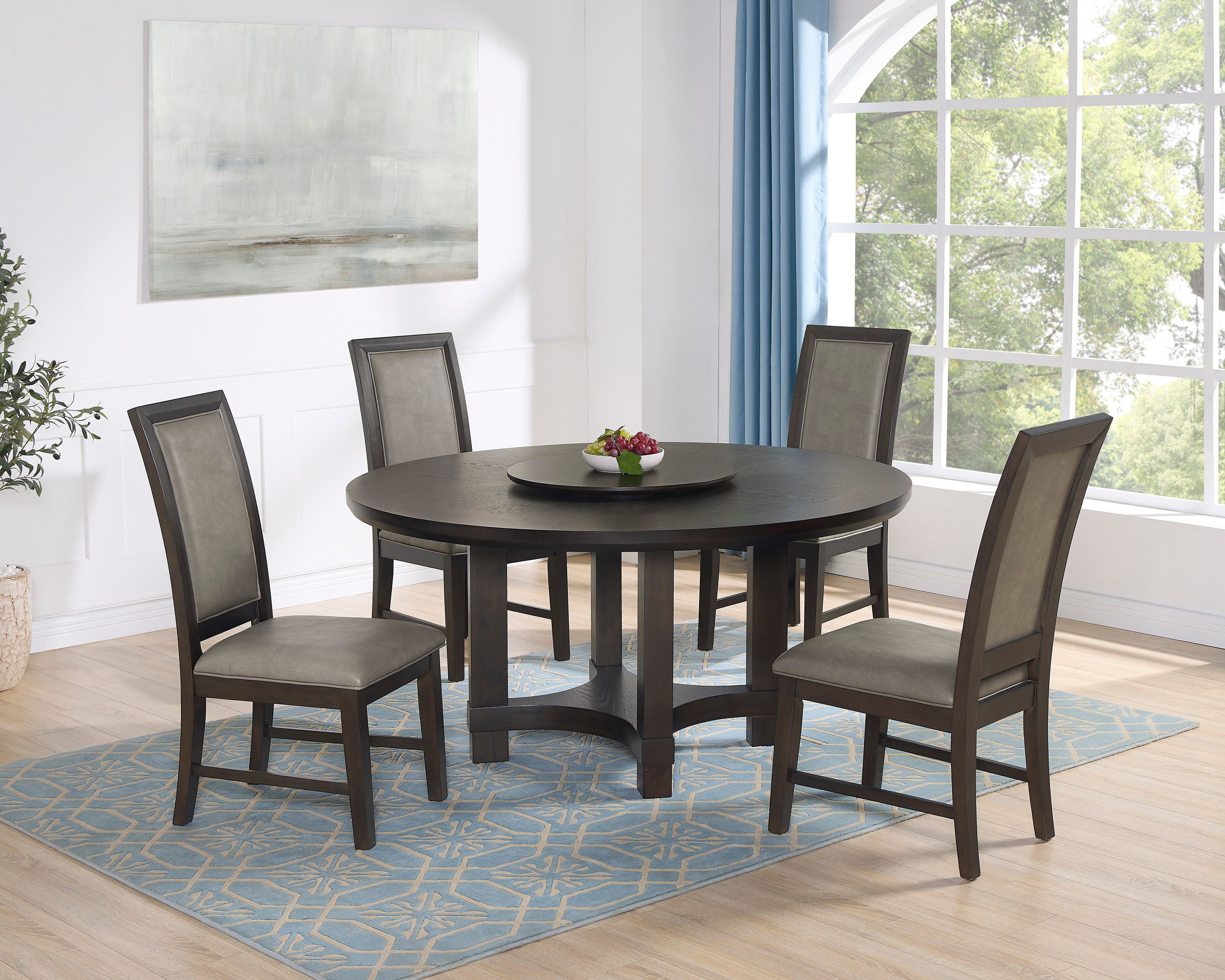 5pcTransitional Round Table with Lazy Susan PU Upholstered Chairs Brown Finish Wooden Solid Wood Wooden Dining Room Furniture