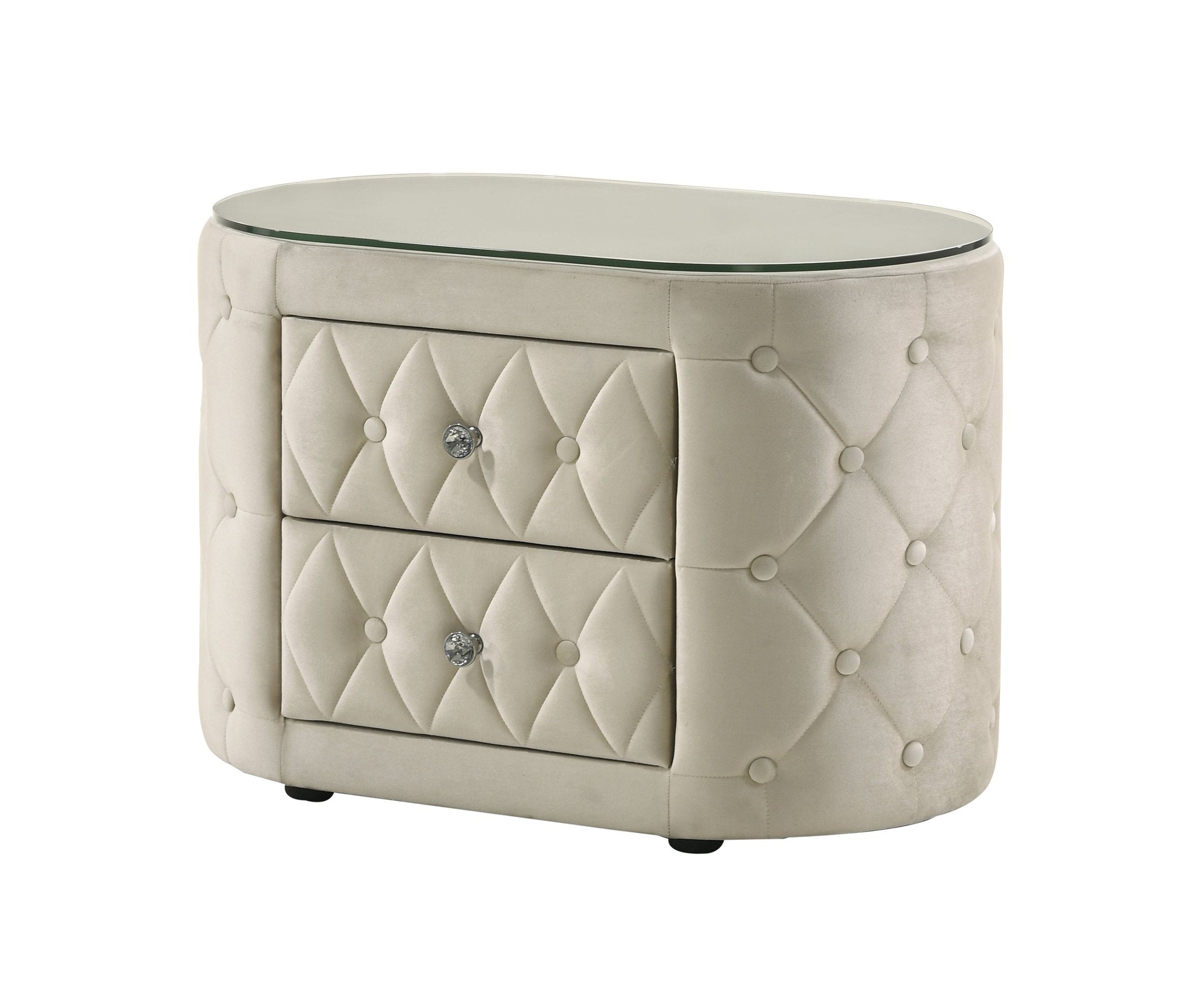 Luxurious 1pc Oval Nightstand Plush Tufted Upholstery 8mm Tempered Glass Top Rounded Sides Two Storage Drawers Sparkling Knobs Wooden Bedroom Furniture Ivory
