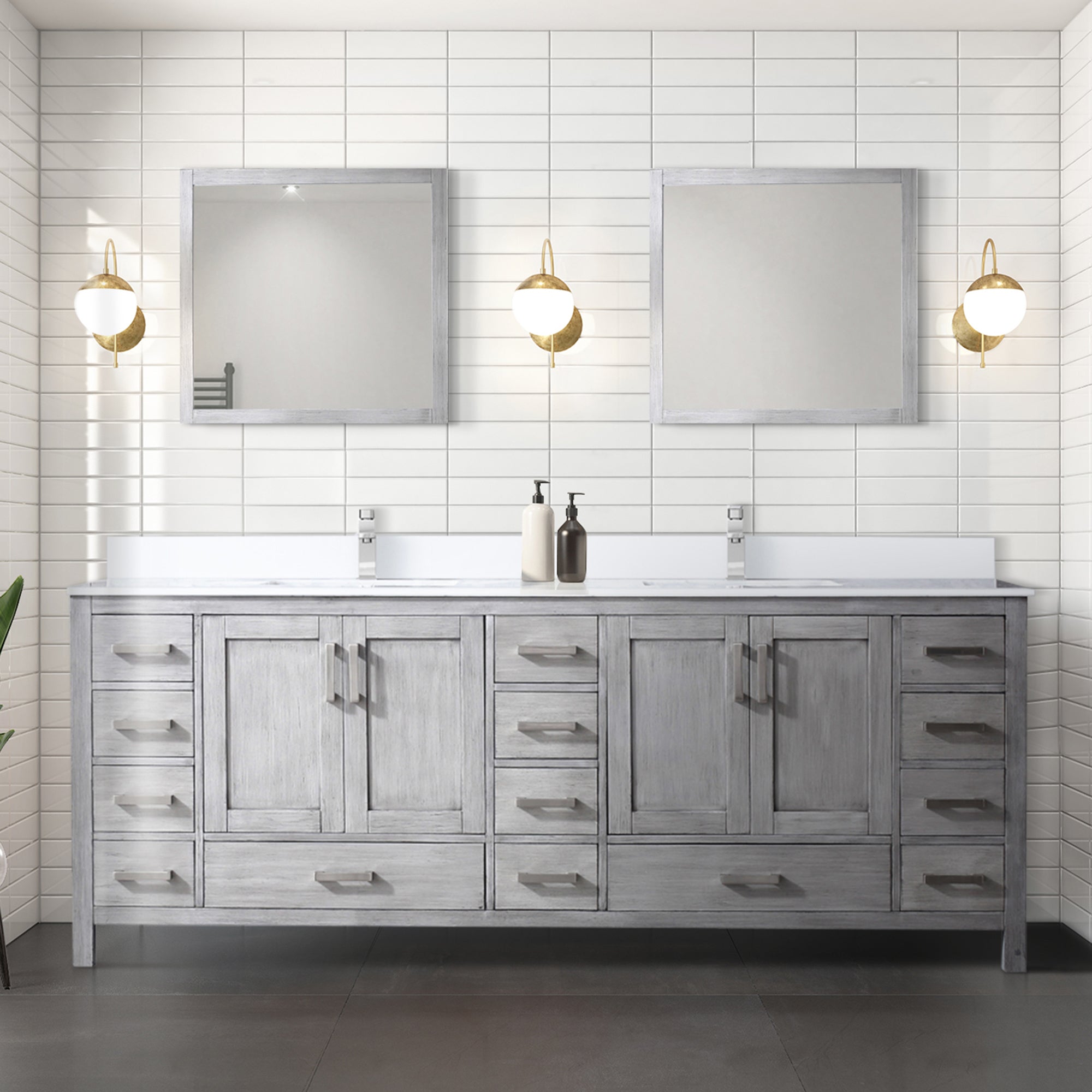 Distressed Grey Double Bath Vanity 84 in. W x 22 in. D, with White Quartz Top