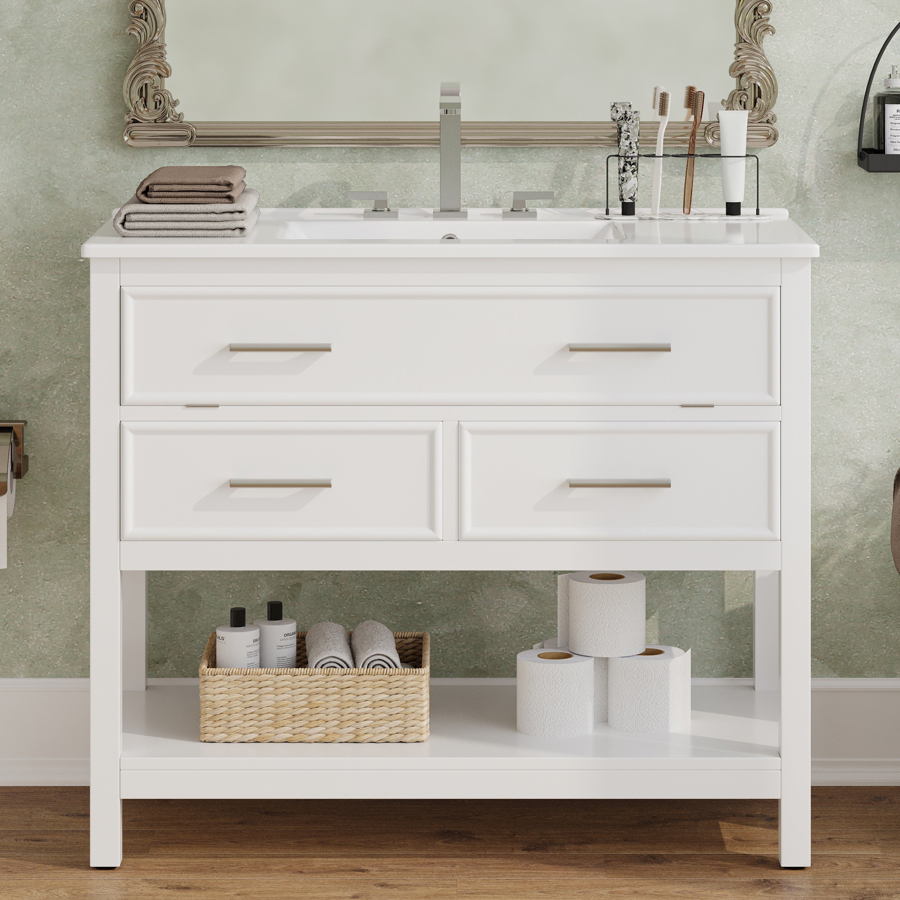 36' Bathroom Vanity with Ceramic Sink, Bathroom Vanity with Tip-Out Tray and 2 Full-Extension Drawers, Silver Pulls and Soft Close Drawer Slides Design,  1 Open Shelf at the Bottom, White
