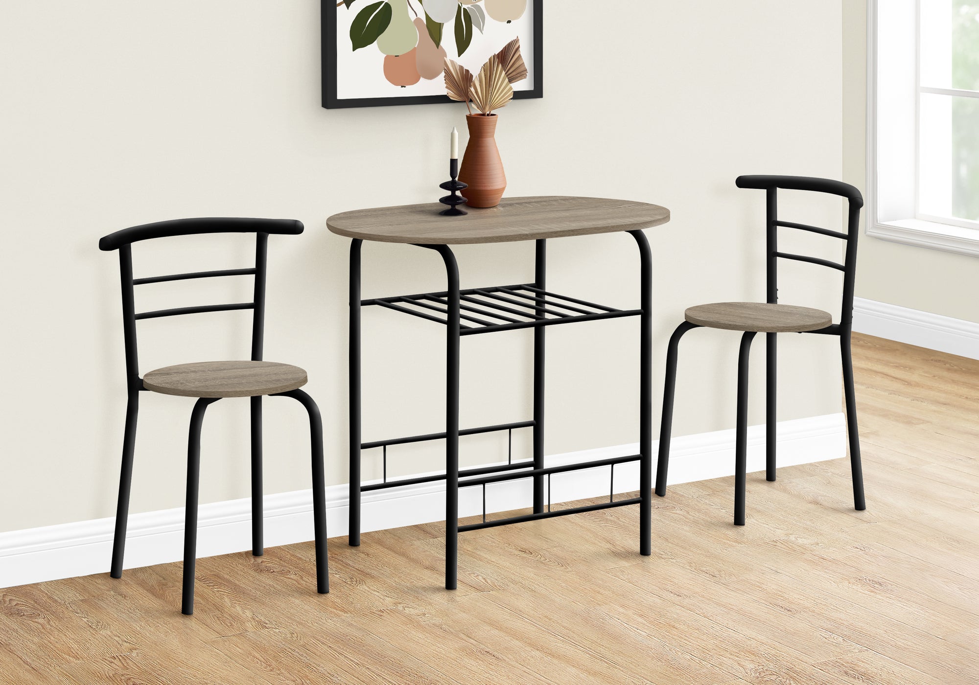 Dining Table Set, 3pcs Set, Small, 32' L, Kitchen, Brown Laminate, Black Metal, Contemporary, Modern