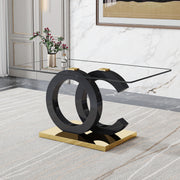 Large modern minimalist rectangular glass dining table,suitable for 6-8 people,equipped with 0.39 'tempered glass tabletop, black MDF OC shaped bracket and metal base,suitable for kitchen.W1151S01356