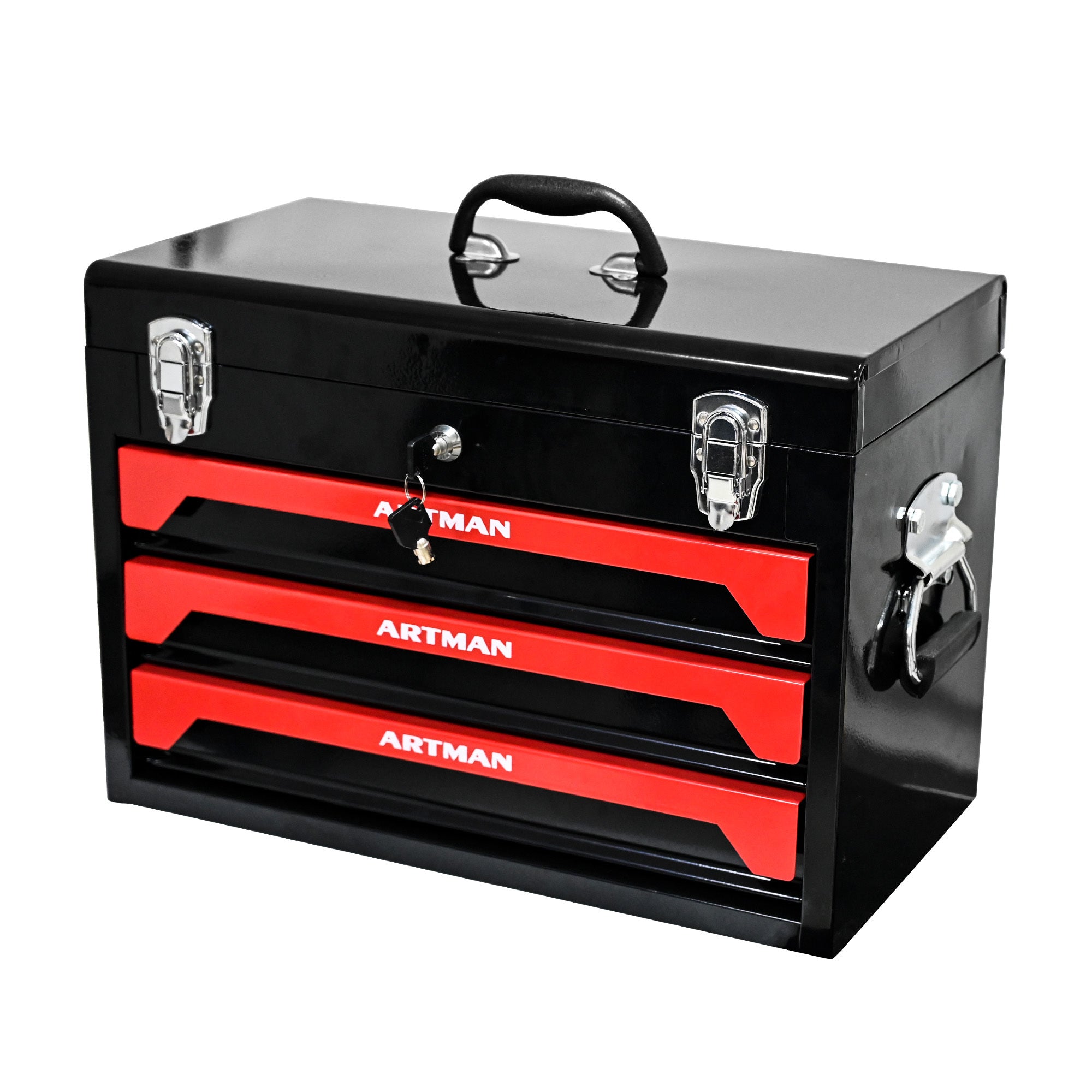 Portable 20' Steel Tool Box with 3 Drawers and Metal Latch Closure, Black & Red