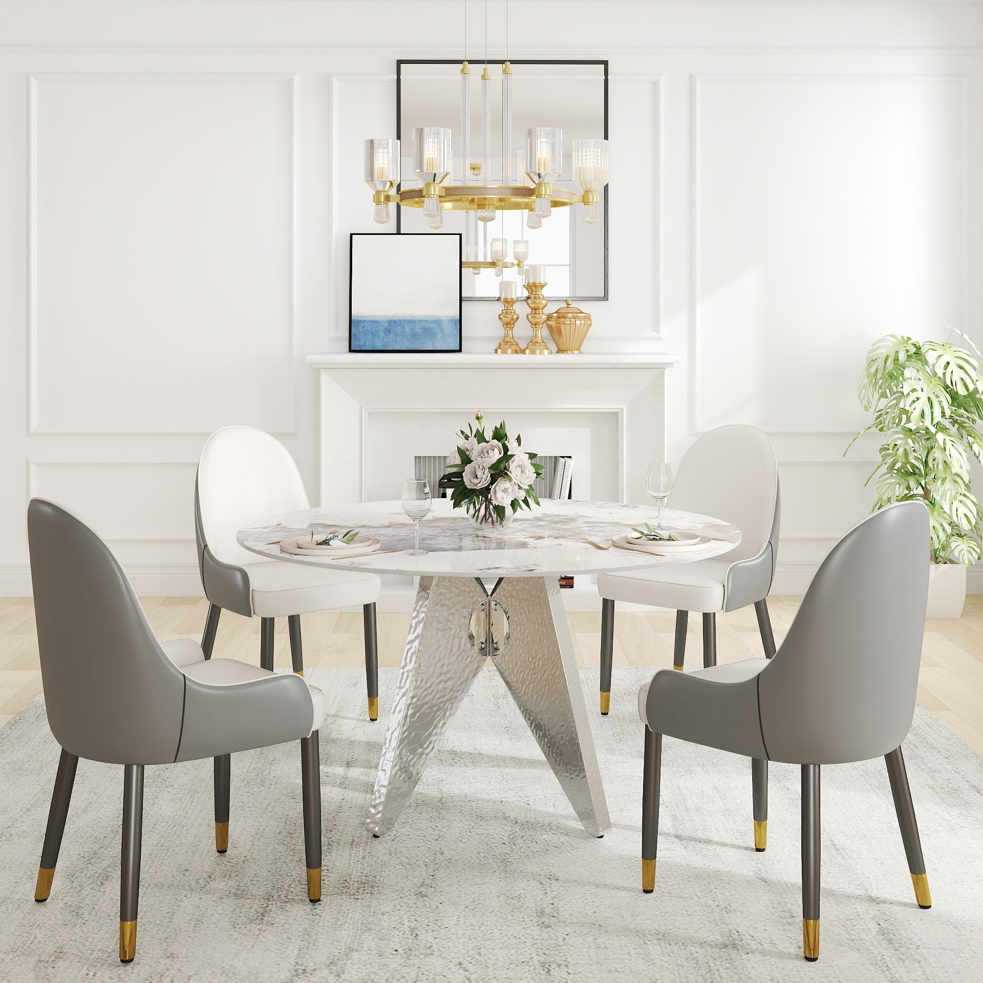 53' Round Marble Dining Table with Silver Stainless Steel Design Base, Artificial Marble for 6 People, Dining Room/Living Room Kitchen Dining Table,White (Dining Table Only)