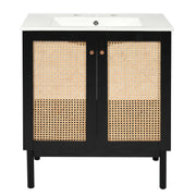 Black Bathroom Vanity with Natural Bamboo and Handmade Rattan Doors, Soft-Closing Mechanism, 30-Inch