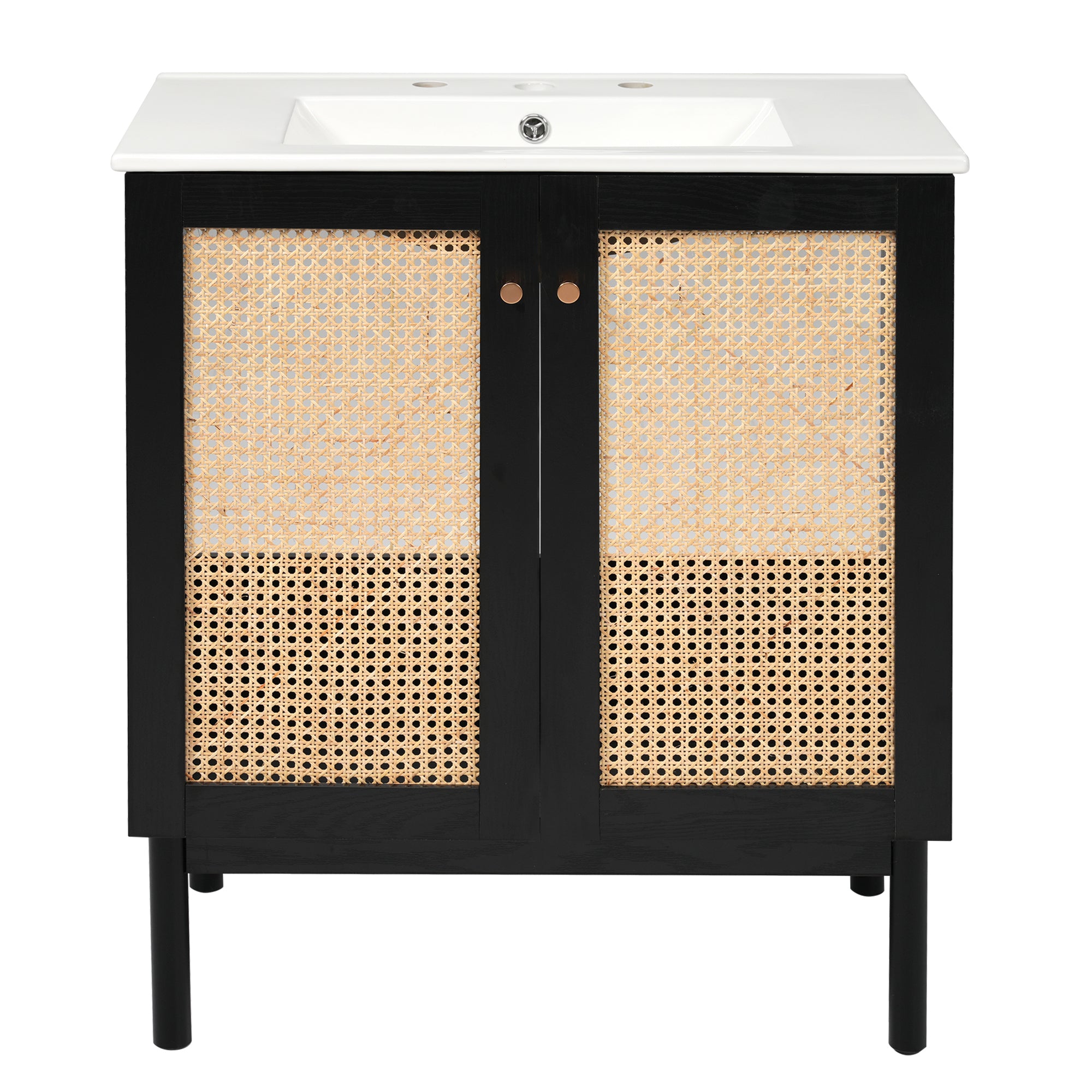 Black Bathroom Vanity with Natural Bamboo and Handmade Rattan Doors, Soft-Closing Mechanism, 30-Inch