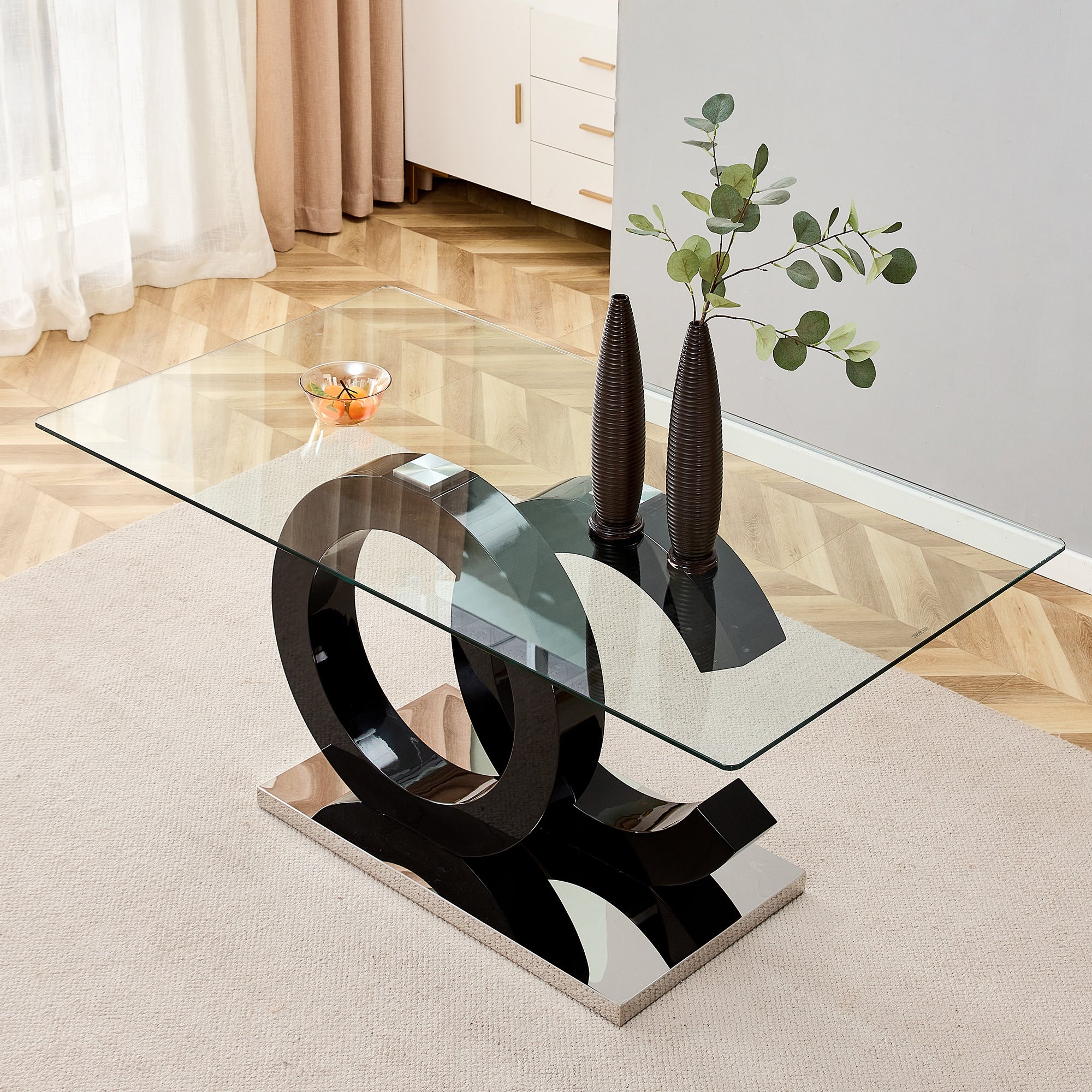 Large Modern Minimalist Rectangular Glass Dining Table for 6-8 with 0.39' Tempered Glass Tabletop and MDF  OC-Shaped Bracket and metal base,For Kitchen Dining Living Meeting Room.W1151S02854