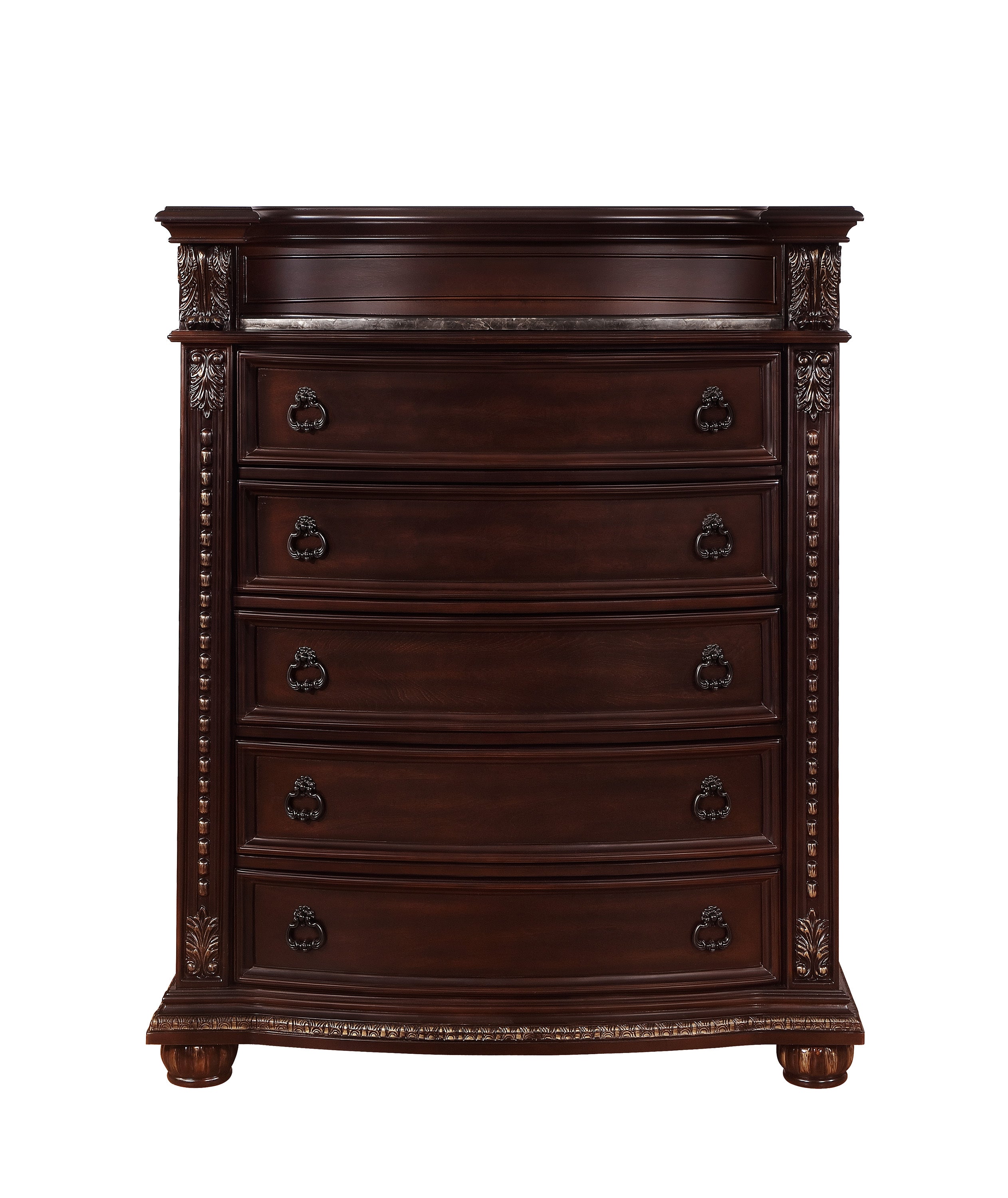 1pc Marble Top Five Drawers Tall Chest Intricate Moldings Beautifully Curved Silhouette Brown Dark Cherry Finish Bedroom Solid Wood Furniture