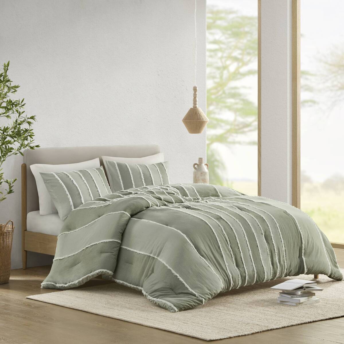 3 Piece Striped Cotton Comforter Set Sage Full/Queen