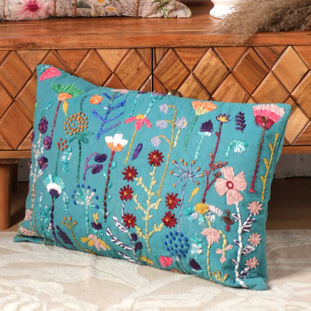 Cotton Embroidered Cushion (Teal Blue) With Filler-16' X 24'